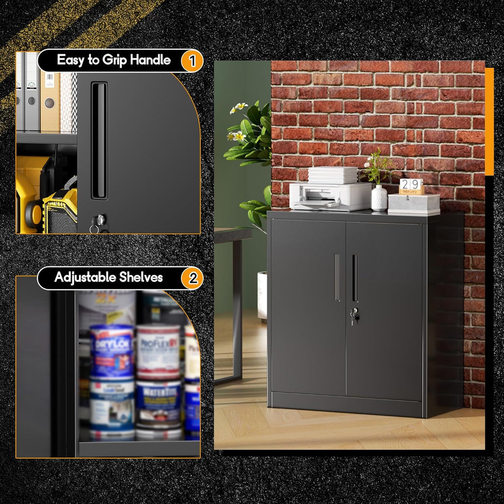 Greenvelly Metal Storage Cabinet, 72" Black Locking Metal Cabinet with 2 Doors and 4 Adjustable Shelves, Lockable Garage Storage Cabinets for Home Office, Garage, Kitchen, Living Room