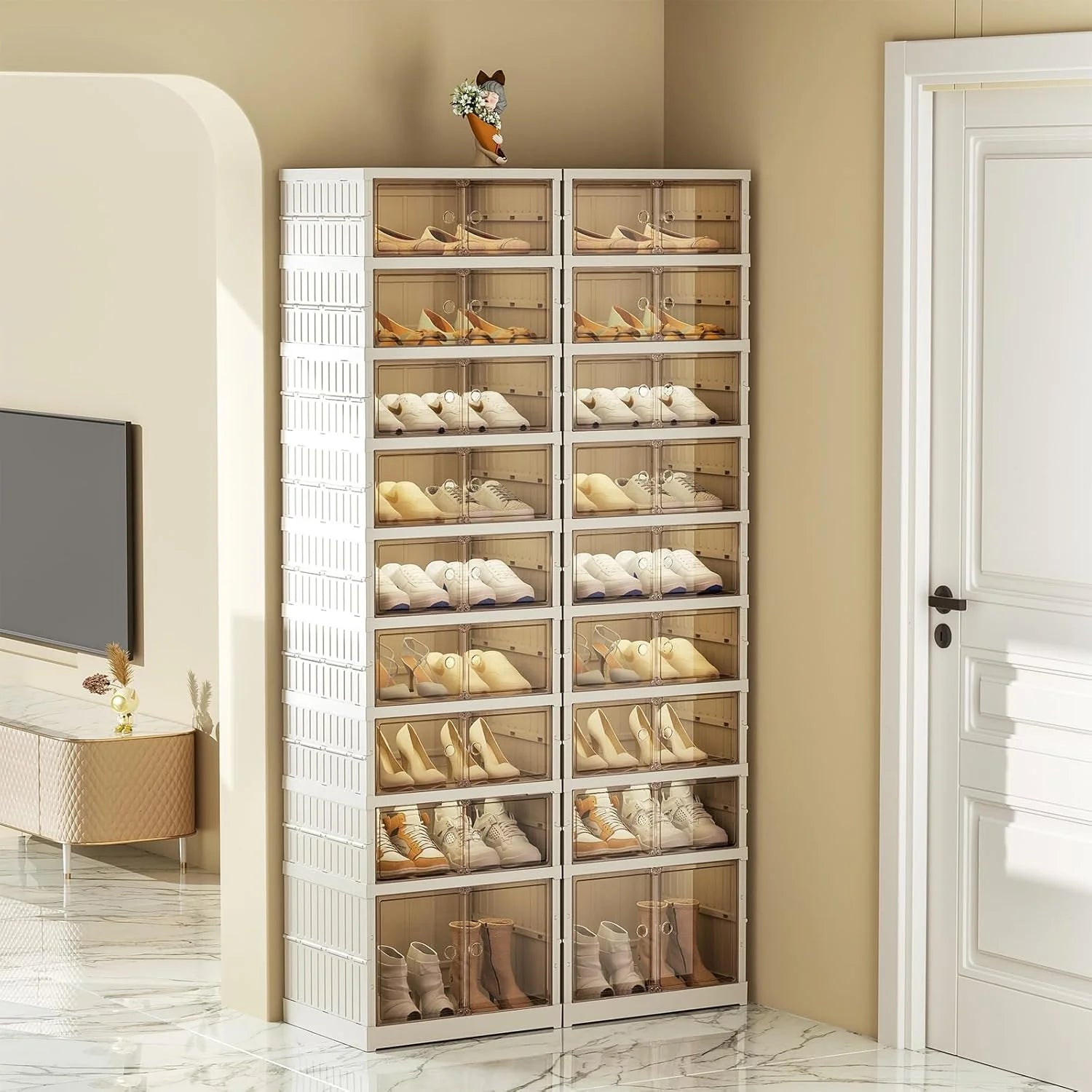 Collapsible Shoe Rack Organizer Shoe Cabinet with Doors Large Plastic Folding Shoe Cabinet